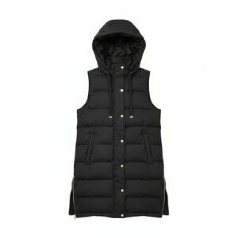 Zara Black Quilted Hooded Long Puffer Vest - Picture 3 of 9